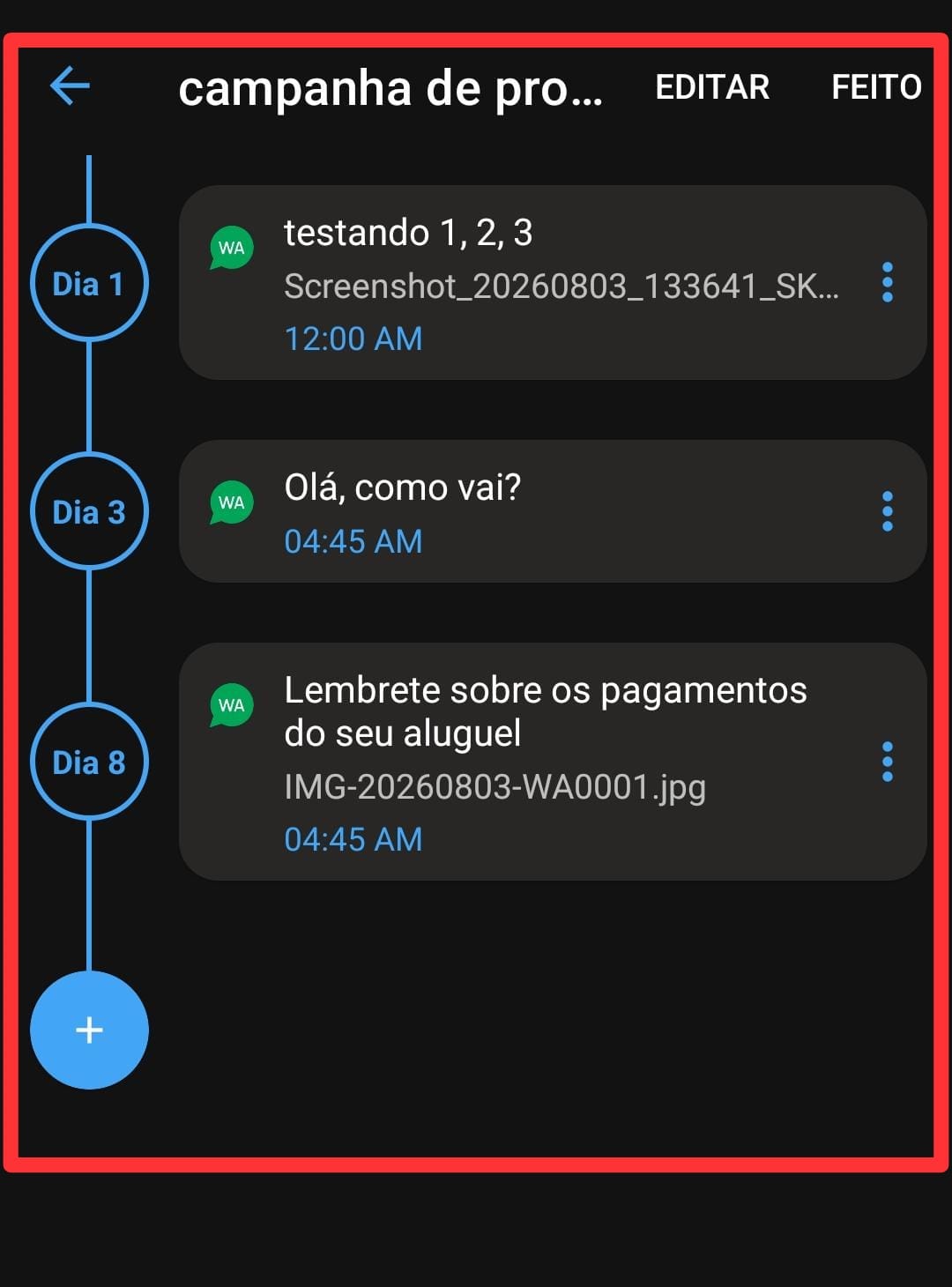 Linha do tempo da campanha de gotejamento — mensagens do Dia 1, Dia 3, Dia 4
